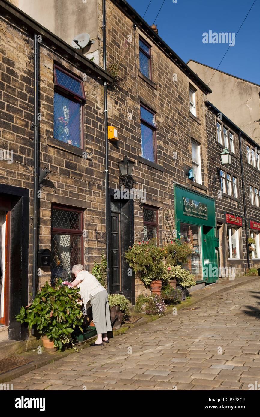 Regno Unito, Inghilterra, Yorkshire, Haworth, Main Street, donna tendente window box di ex tessitori cottage Foto Stock
