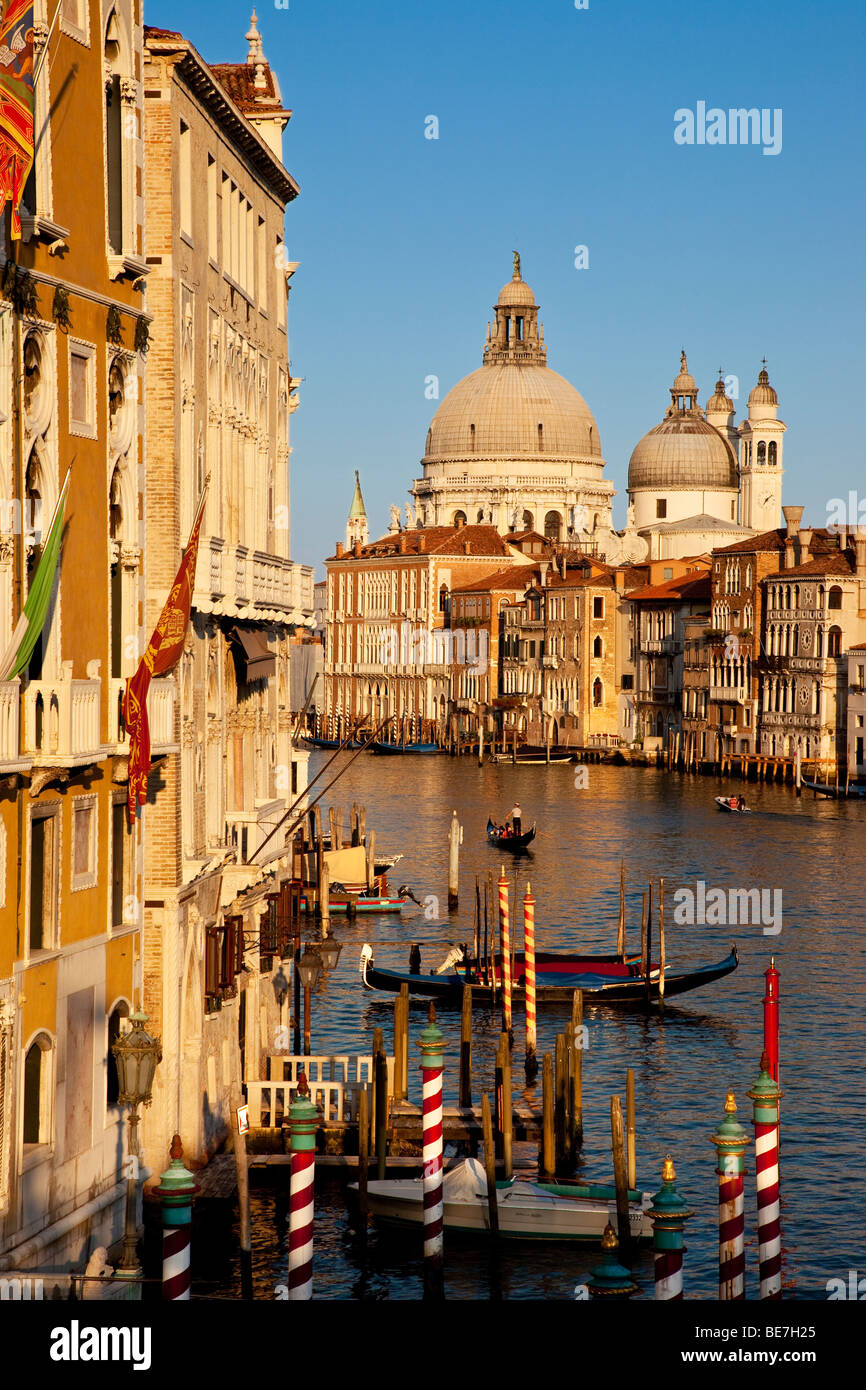 Bagliore del sole sul Canal Grande con sullo sfondo Santa Maria della Salute, Venezia, Veneto, Italia Foto Stock