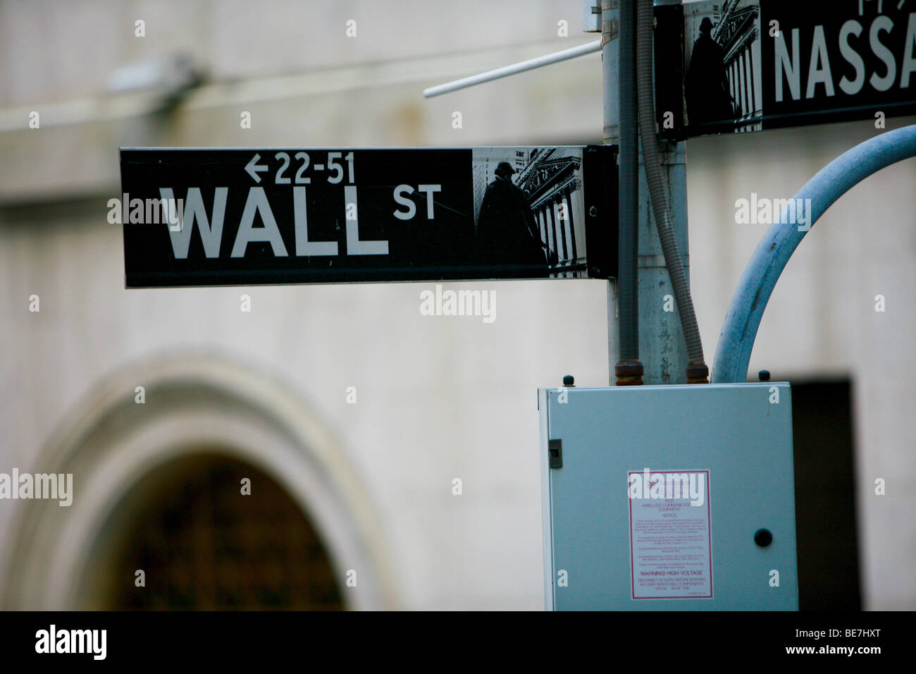 Wall street segno nel quartiere finanziario area del centro cittadino di Manhattan a New York City, Stati Uniti. Foto Stock