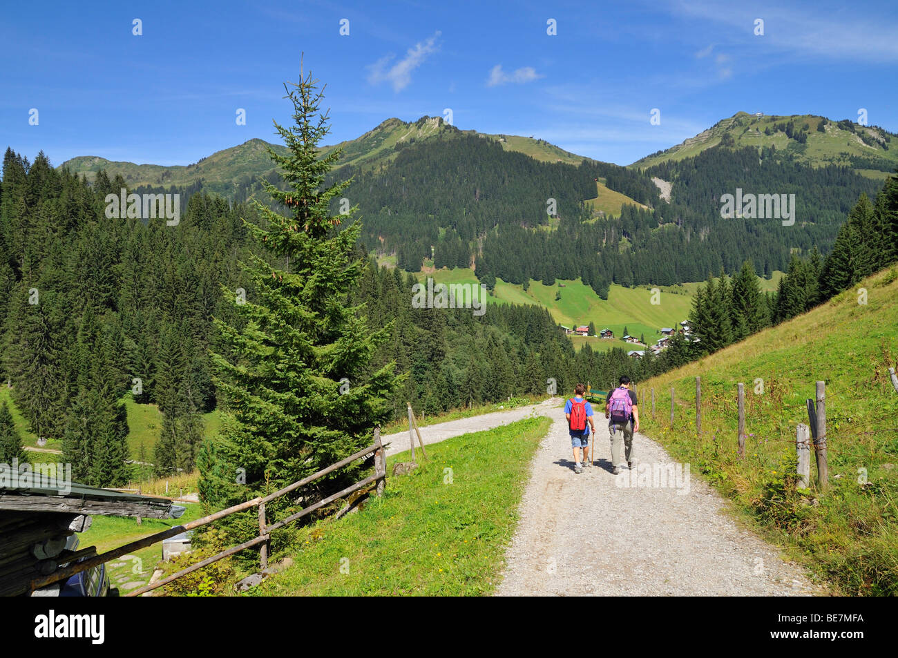 Escursione sul sentiero panoramico in Baergunttal (Baergundtal) valle Kleinwalsertal, Vorarlberg, Allgaeu Alpi, Austria Foto Stock