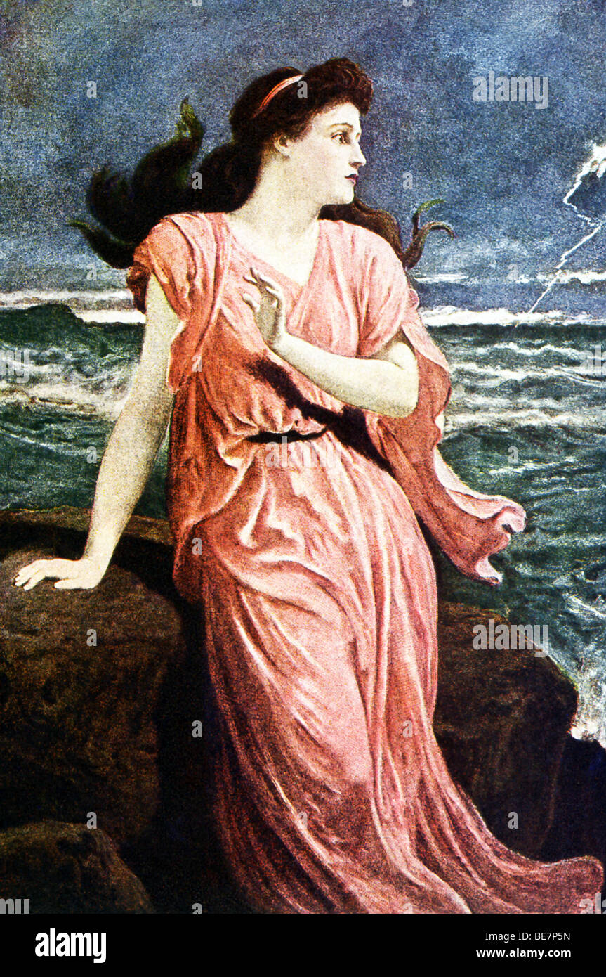 In questo 1917 illustrazione, Prospero della figlia, Miranda, orologi di tempesta dalla scena della tragedia di Shakespeare. La tempesta. Foto Stock