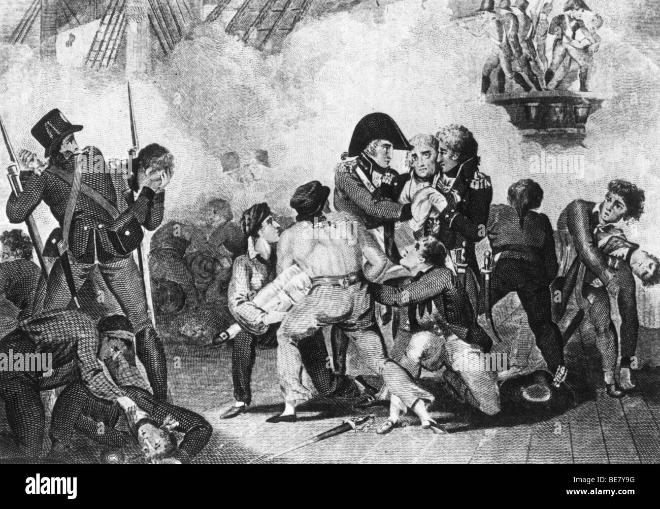 La morte di Nelson nella battaglia di Trafalgar nel 1805 da una incisione contemporanea Foto Stock