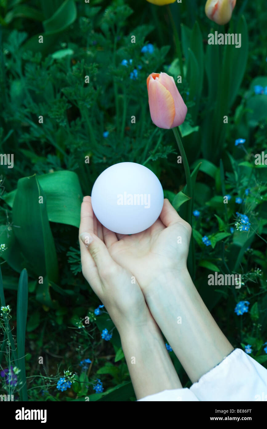 Mani tenendo la sfera in giardino, close-up Foto Stock