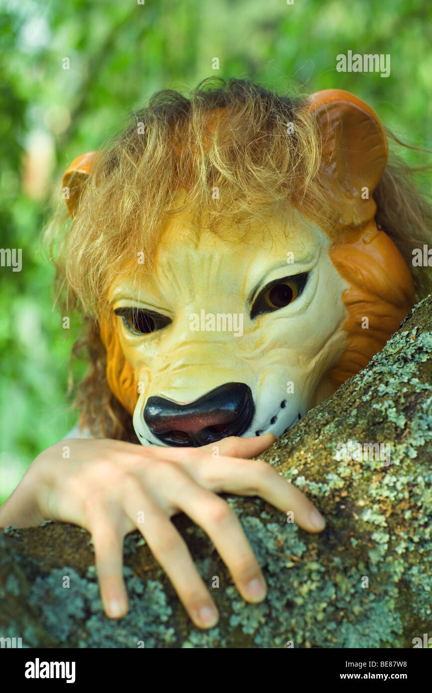 Persona che indossa la maschera di Lion, toccando il ramo Foto Stock