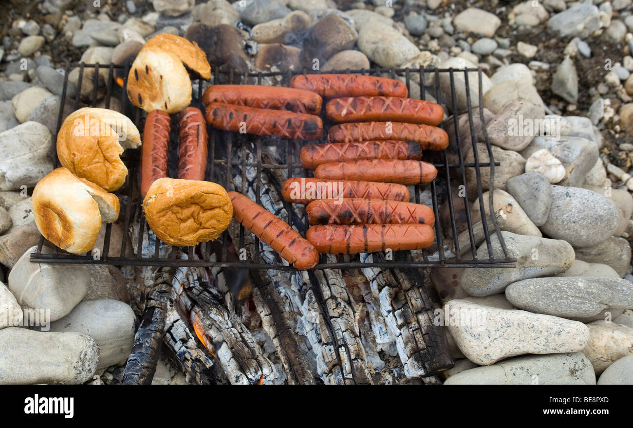 Barbeque, hot dogs e Panini Grill, la cottura su un fuoco di campo superiore del Fiume Liard, Yukon Territory, Canada Foto Stock