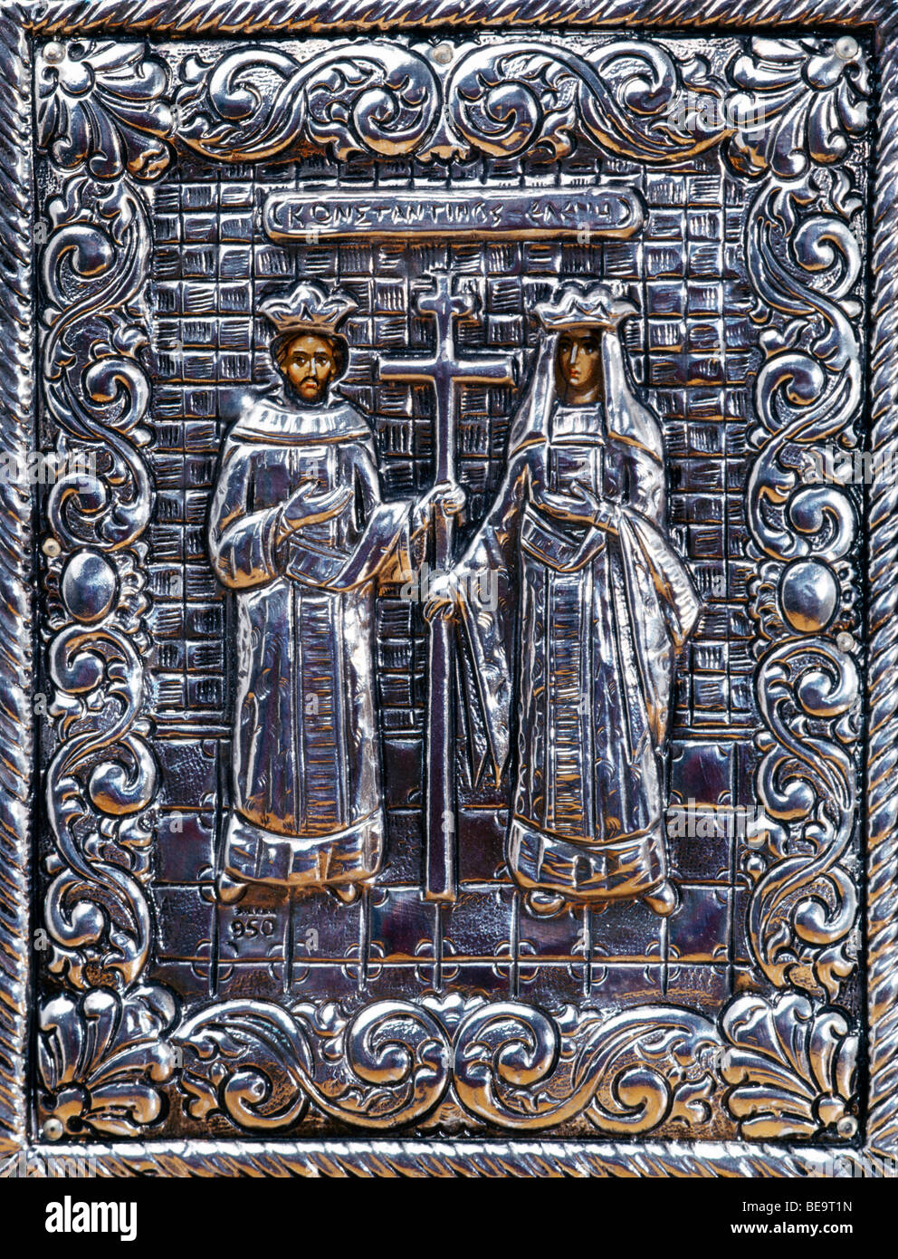 Saint Helena & San Costantino greco icona argento Foto Stock