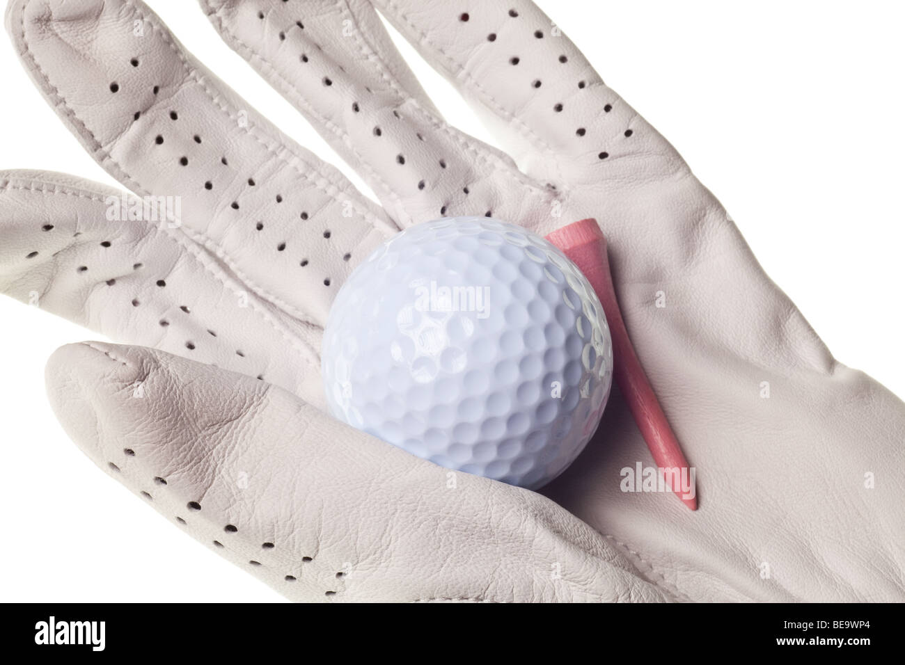 La pallina da golf e guanto isolato su un puro sfondo bianco Foto Stock