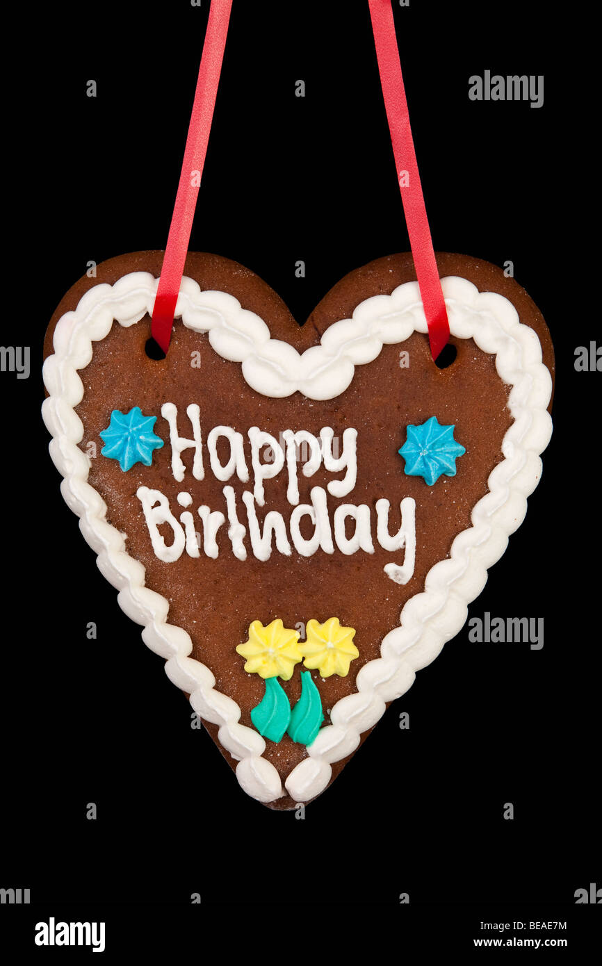 Un lebkuchen con buon compleanno scritto su di esso Foto Stock