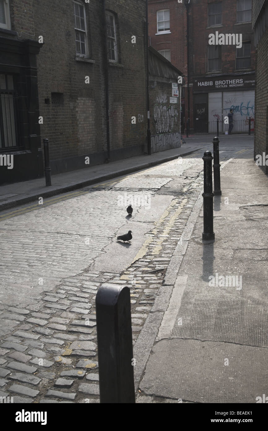 Torna strade di Londra, acciottolato, Heneage Street, Whitechapel di Londra, Inghilterra Foto Stock
