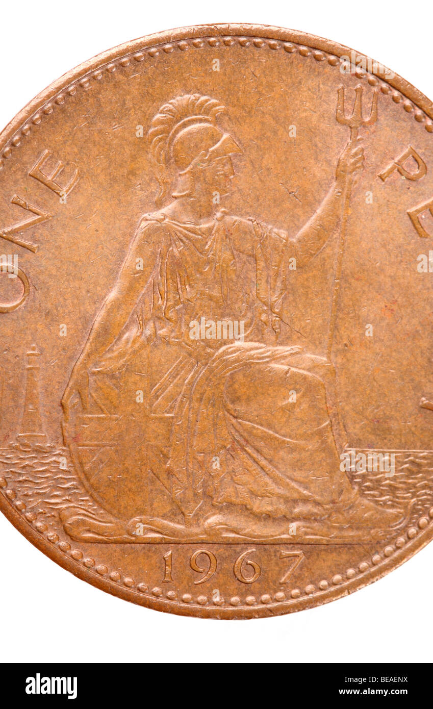 Un penny moneta da 1967 vecchio denaro britannico mostra Britannia ultima usata nel 1970 Foto Stock