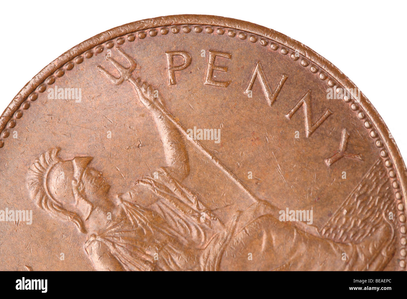 Un penny moneta vecchia monetario britannico mostra Britannia ultima usata nel 1970 Foto Stock