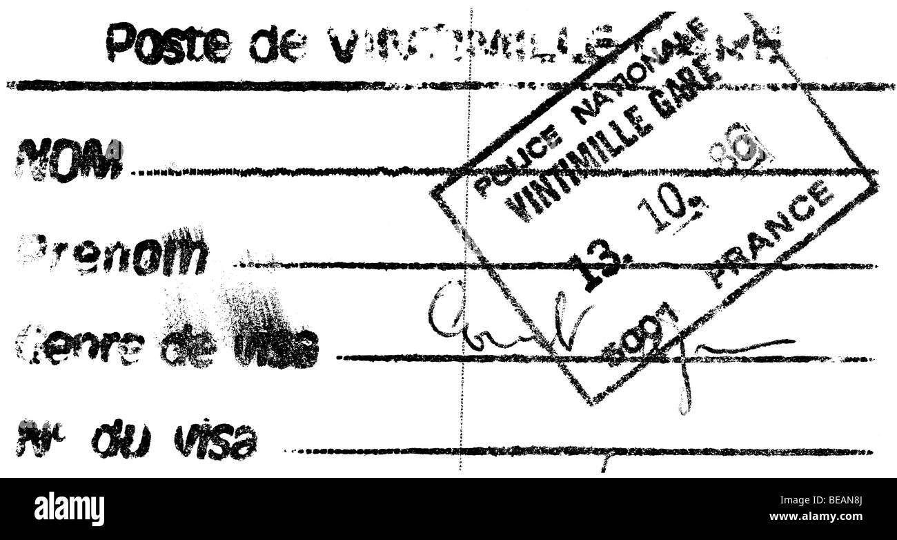 Timbro apposto sul passaporto, Francia, Vintmille gare 1986. Foto Stock