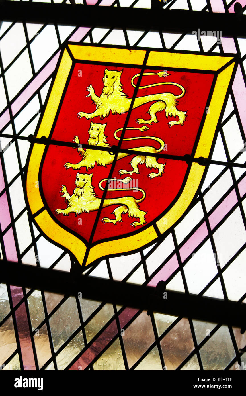 Le finestre di vetro macchiate stemma couvent giacobini, salle dominicains Saint Emilion Bordeaux Francia Foto Stock