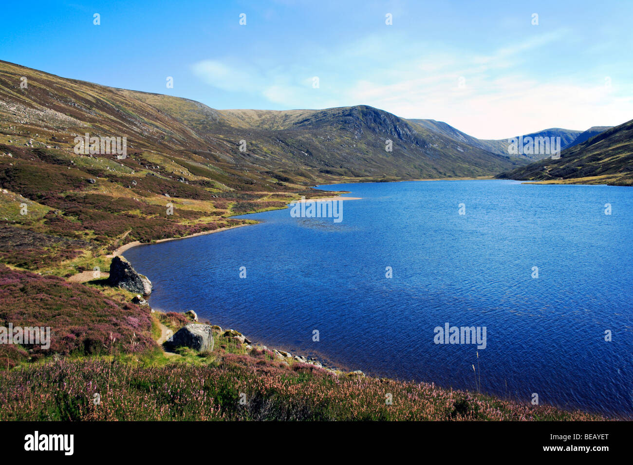 Una vista in elevazione del Loch Callater, vicino a Braemar, Aberdeenshire, Scotland, Regno Unito. Foto Stock