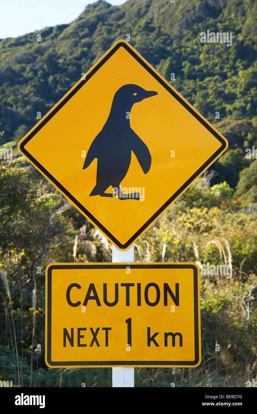 Penguin cartello di avviso, nella costa occidentale dell'Isola del Sud, Nuova Zelanda Foto Stock