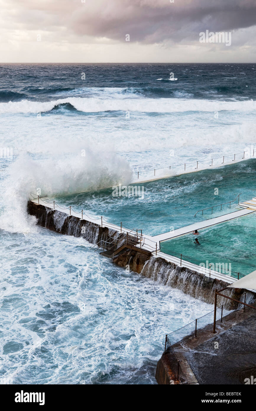 Nuotatori che guarda al mare da una piscina sul fronte mare sulla spiaggia di Bondi, Sydney, Australia Foto Stock