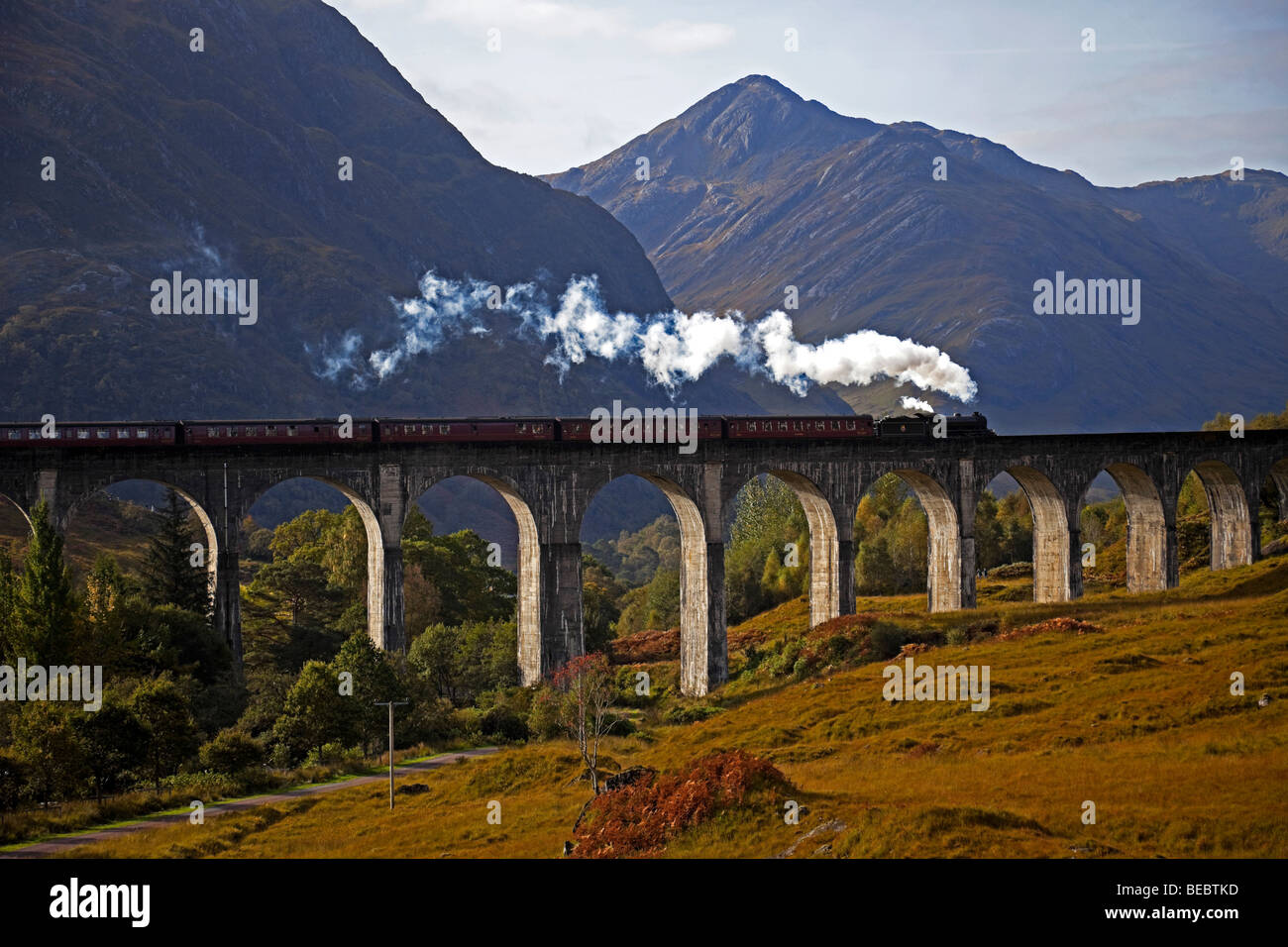 Giacobita treno a vapore, viadotto Glenfinnan, Lochaber, Scotland, Regno Unito, Europa Foto Stock