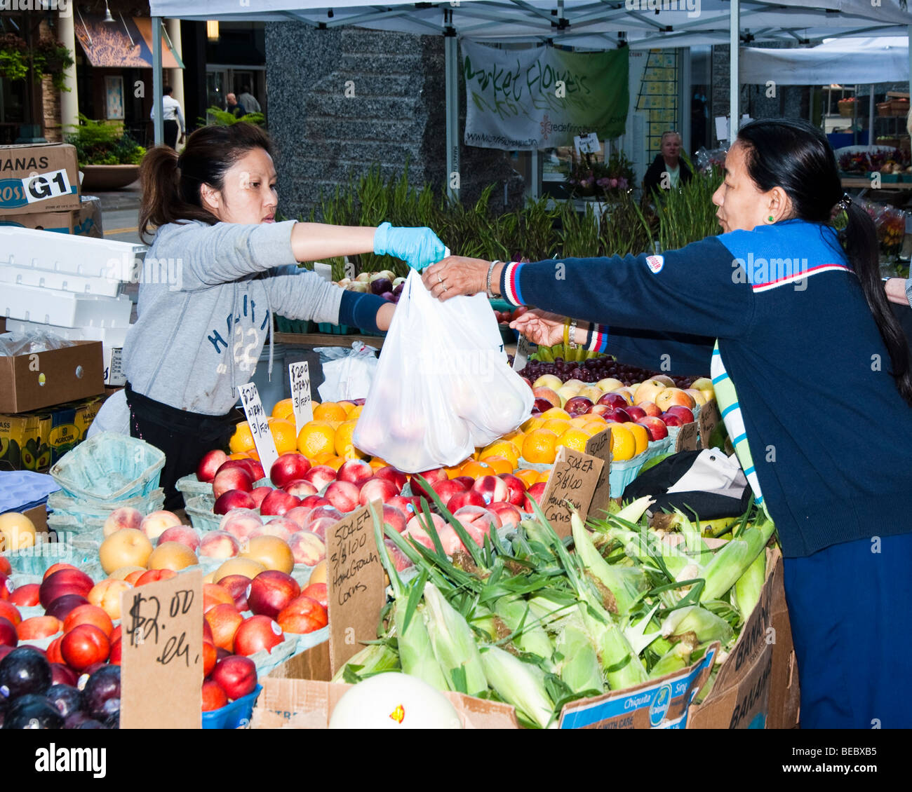 Un cliente di acquistare verdure fresche in un mercato degli agricoltori in Minnesota Foto Stock