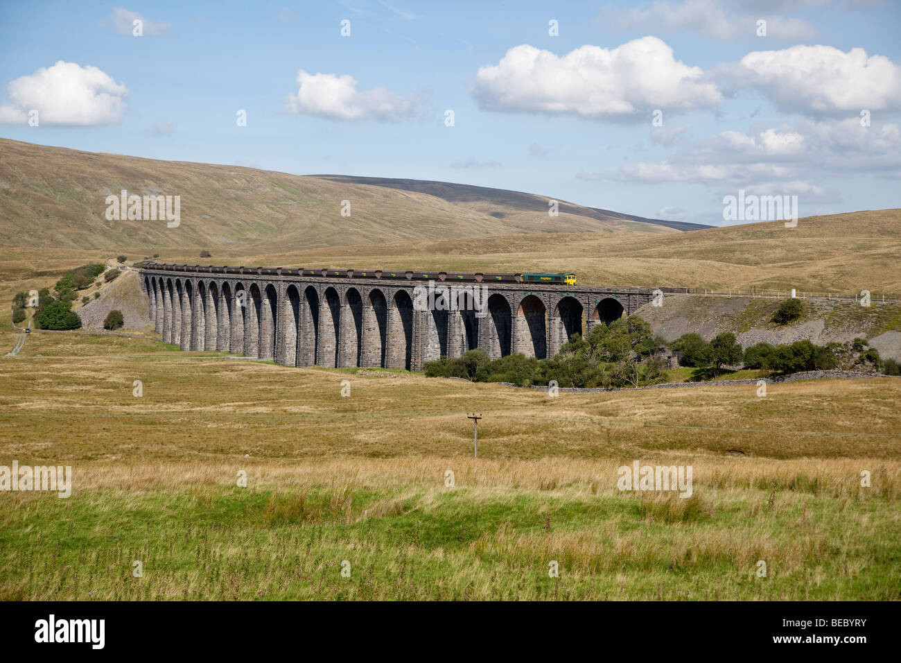 Treno merci attraversando il viadotto Ribblehead, North Yorkshire, Inghilterra, Regno Unito , sul Settle-Carlisle linea ferroviaria Foto Stock