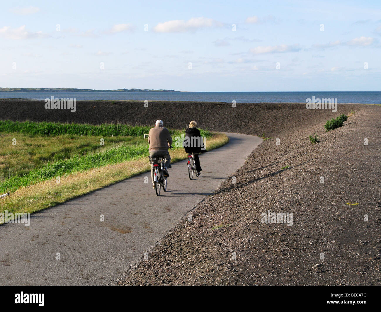 2 ciclisti su un percorso a fianco di Dyke parete Amrum Germania Foto Stock