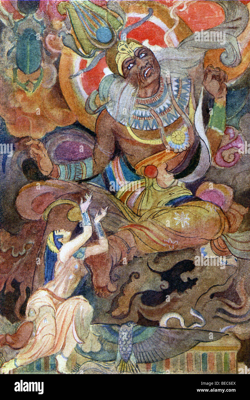 Isis che gli Egiziani adorato come la dea della natura e della magia è mostrato chiedendo a Dio Ra a rivelare il suo vero nome. Foto Stock