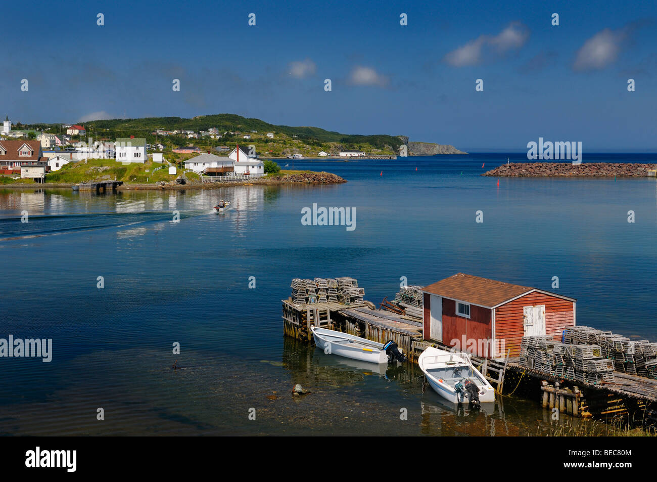 Acqua tranquilla di Porto twillingate Terranova con aragosta trappole sul dock e case di villaggio sull'oceano atlantico Foto Stock