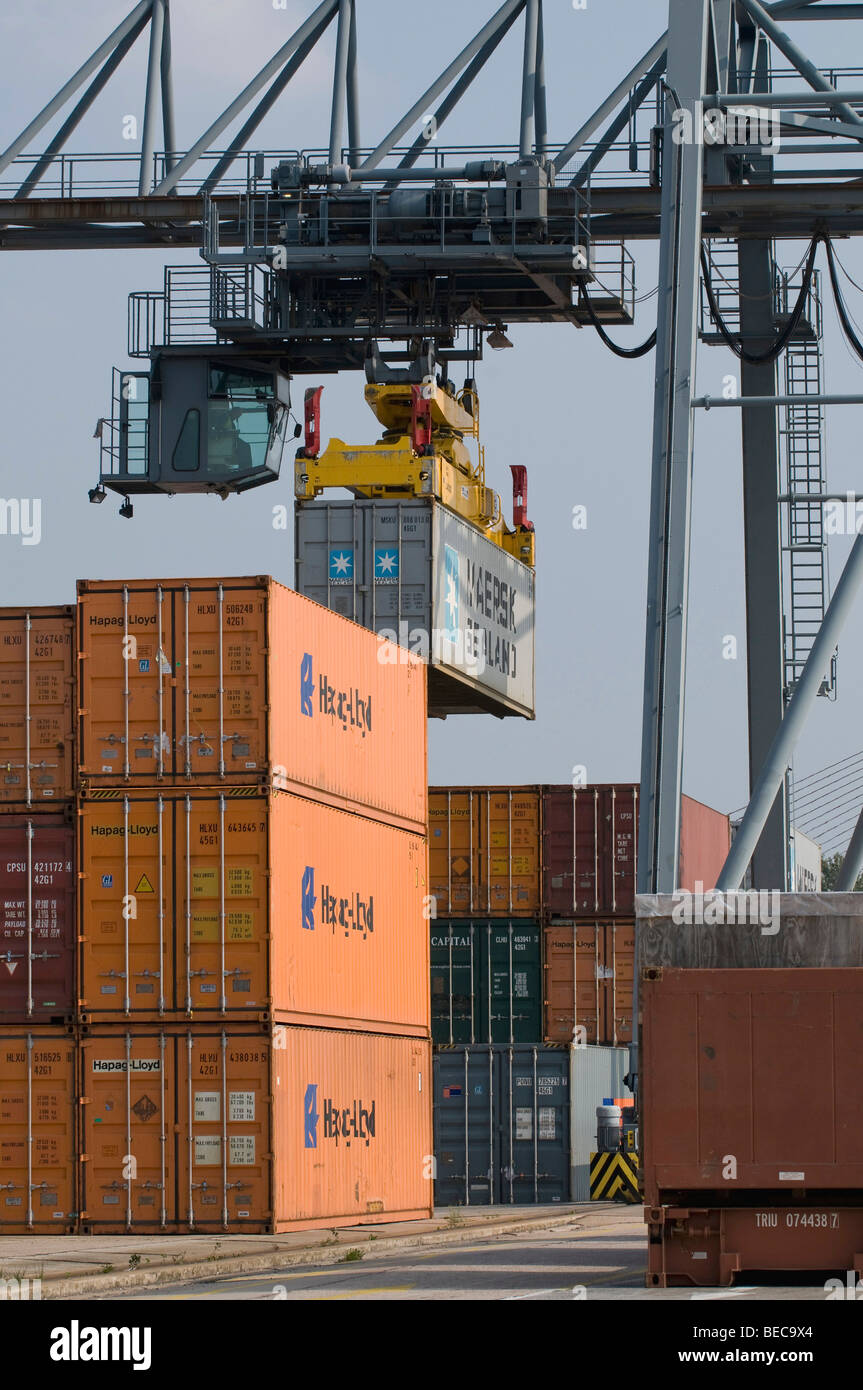 Bonn Terminal Container, la movimentazione del contenitore gantry crane la sovrapposizione di un contenitore, Renania settentrionale-Vestfalia, Germania, Europa Foto Stock