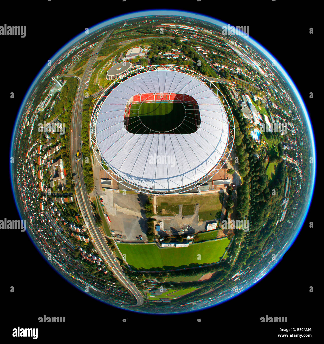Foto aerea, BayArena Stadion stadium, fisheye, Leverkusen, Renania settentrionale-Vestfalia, Germania, Europa Foto Stock