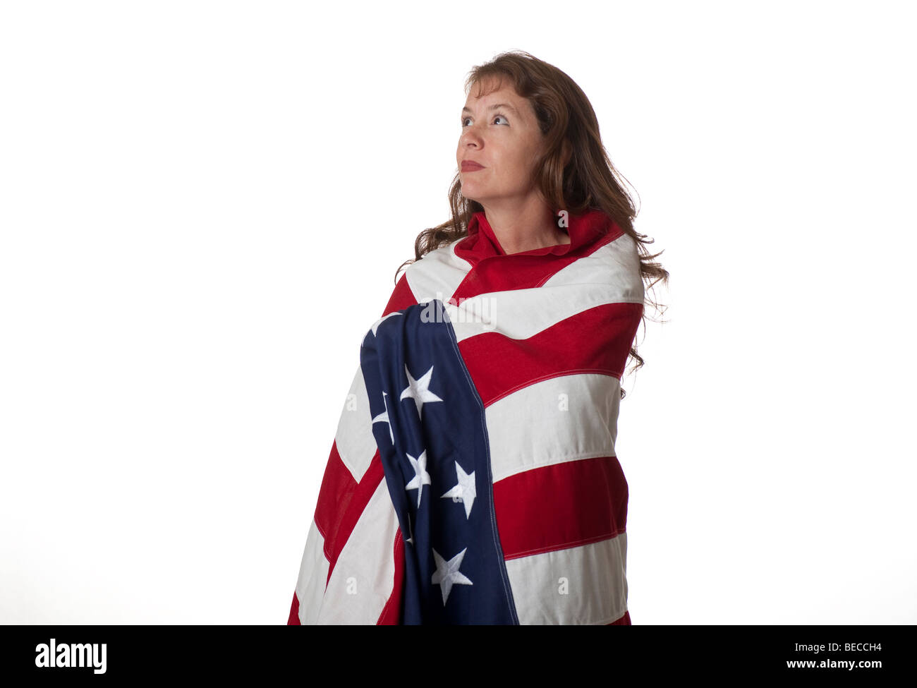 Donna avvolta nella bandiera americana Foto Stock