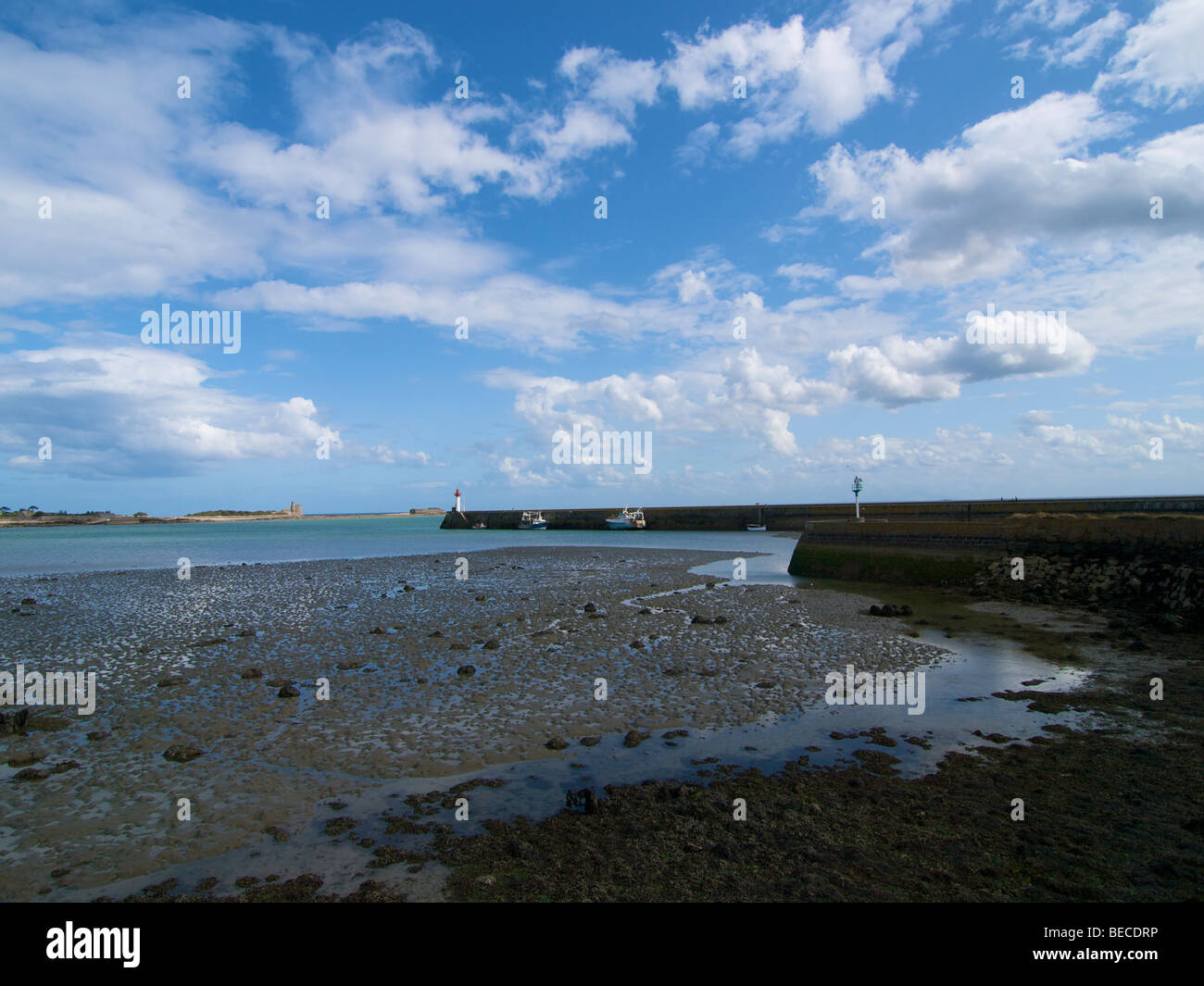 La bassa marea paesaggio seascape presso San Vaast La Hougue, Normandia, Francia Foto Stock
