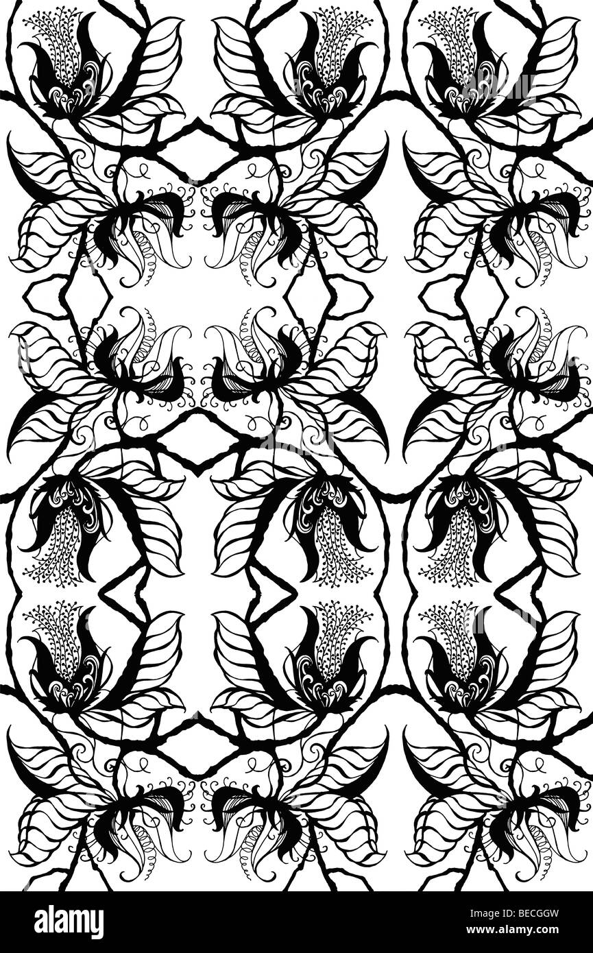 Ripetuti nero su bianco di disegno botanico esotico blossoms, fantasioso di foglie e di steli in una profila design Foto Stock