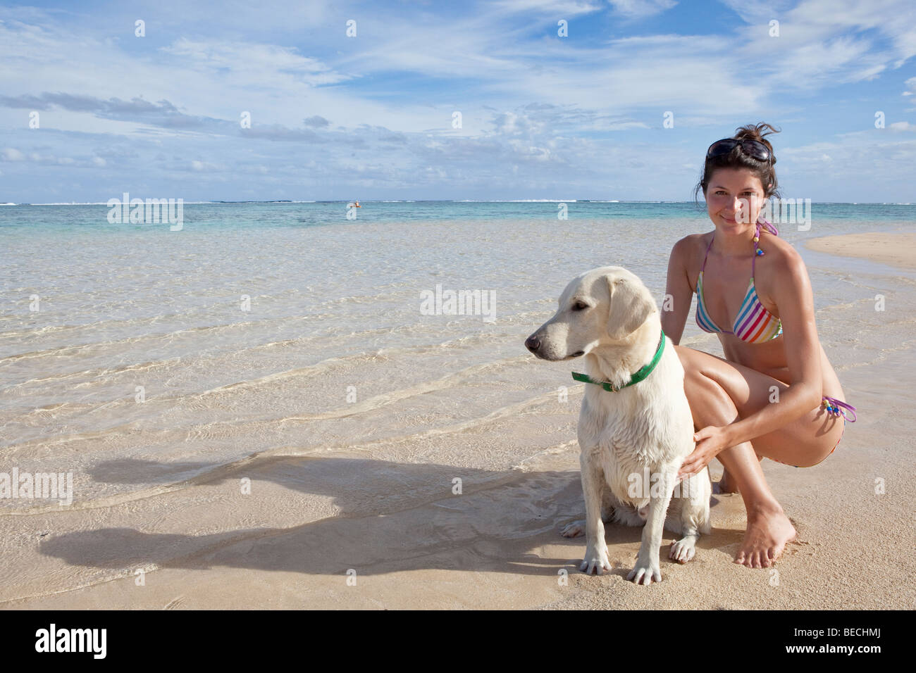 Ragazza con un cane su una spiaggia a Rarotonga Isole Cook Foto Stock