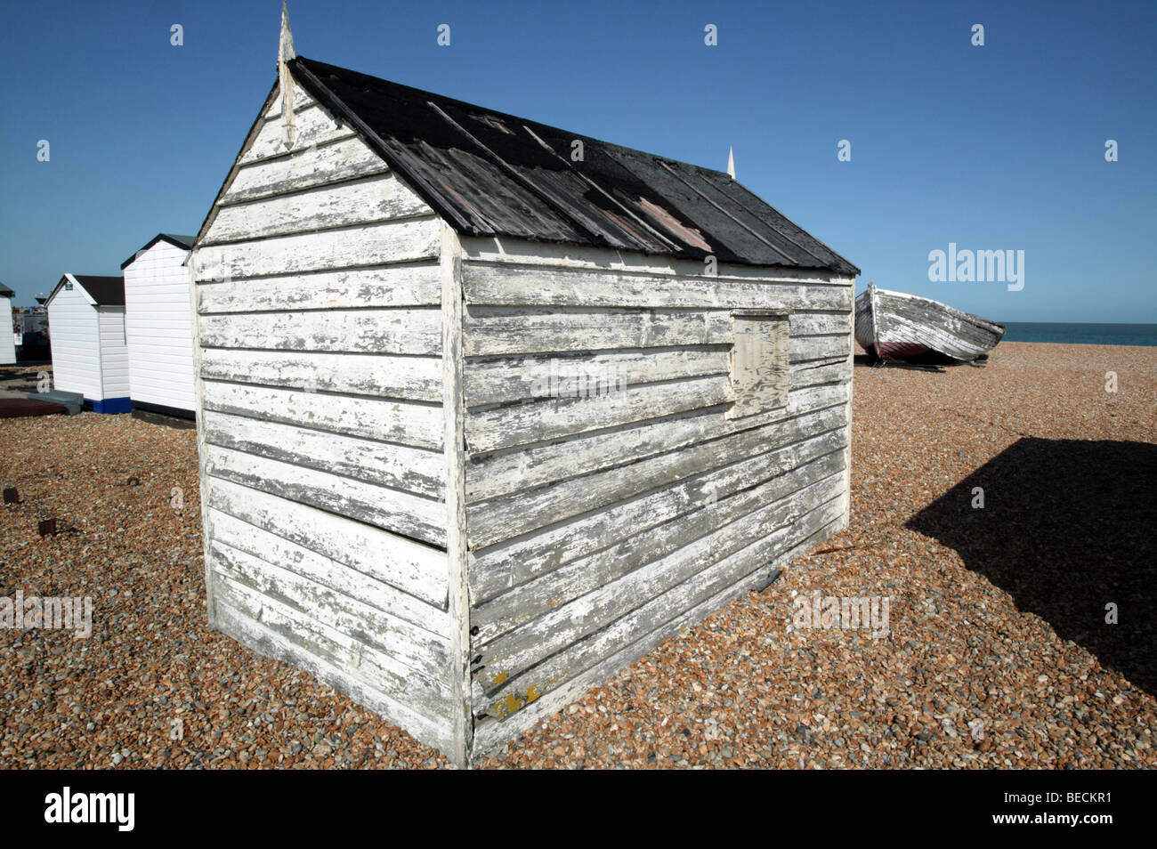 Fishermens capanne sulla spiaggia di trattativa, trattare, Kent Foto Stock