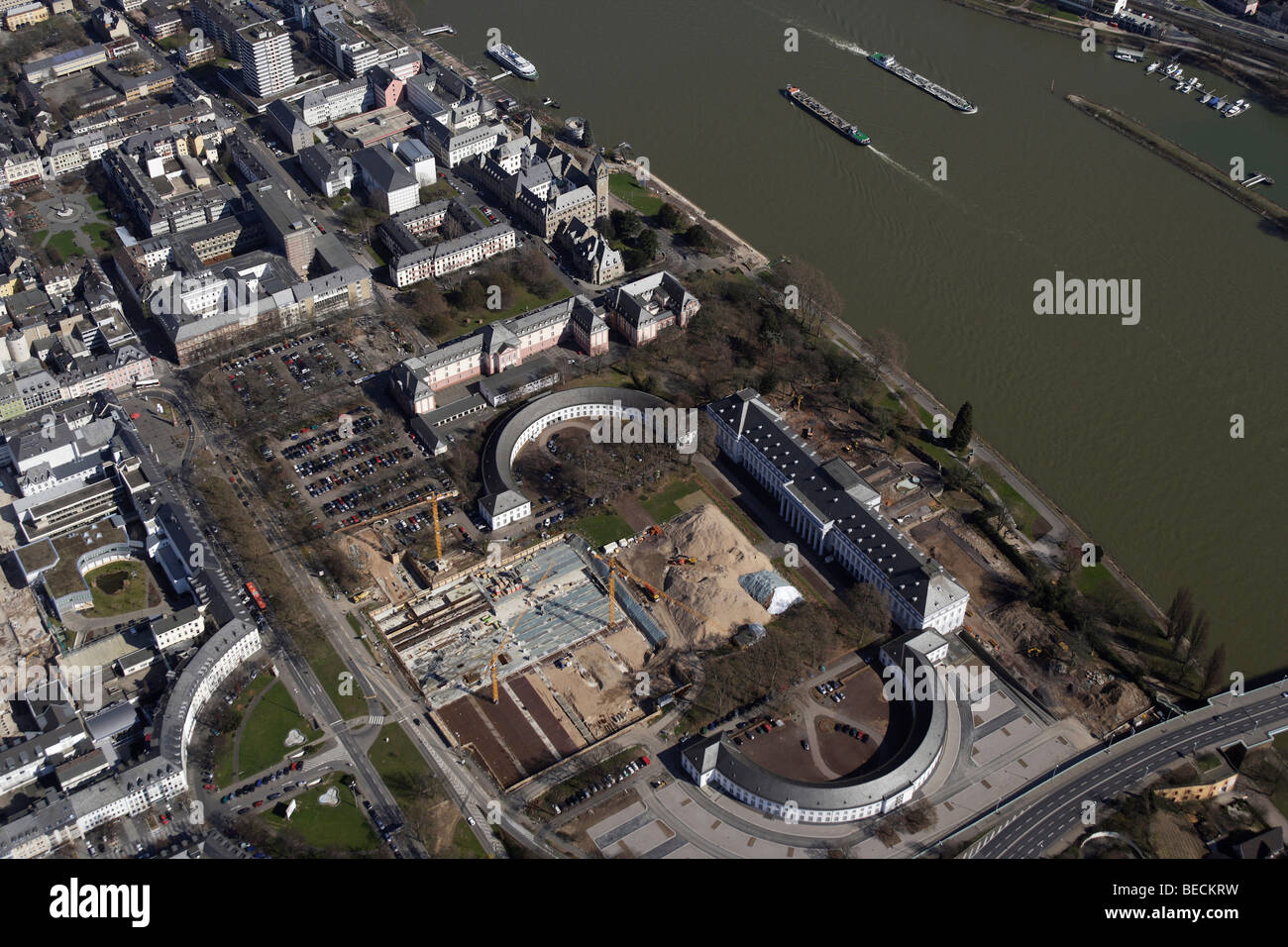 Foto aerea, sito di costruzione per la BUGA orticoltura federale show 2011 accanto al Kurfuerstliche Schloss Palazzo elettorale, Ko Foto Stock