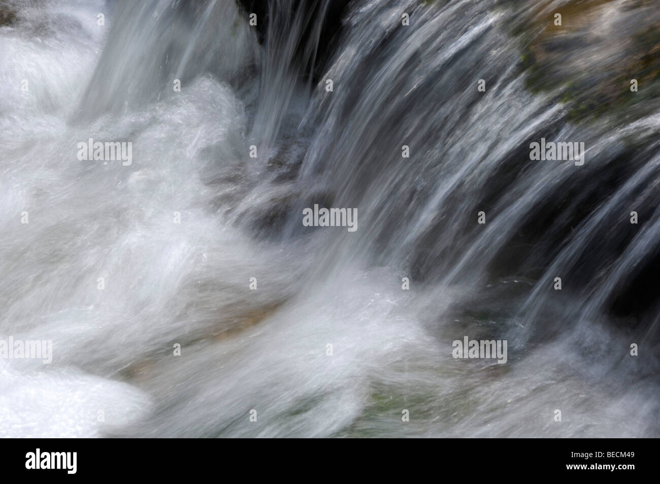 Una piccola cascata, acqua corrente, close-up Foto Stock