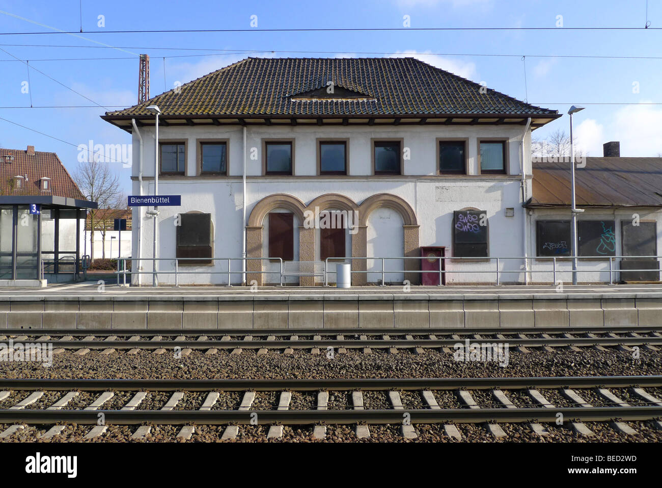 Abbandonata la stazione del treno in Bienenbuettel, Bassa Sassonia, Germania, Europa Foto Stock