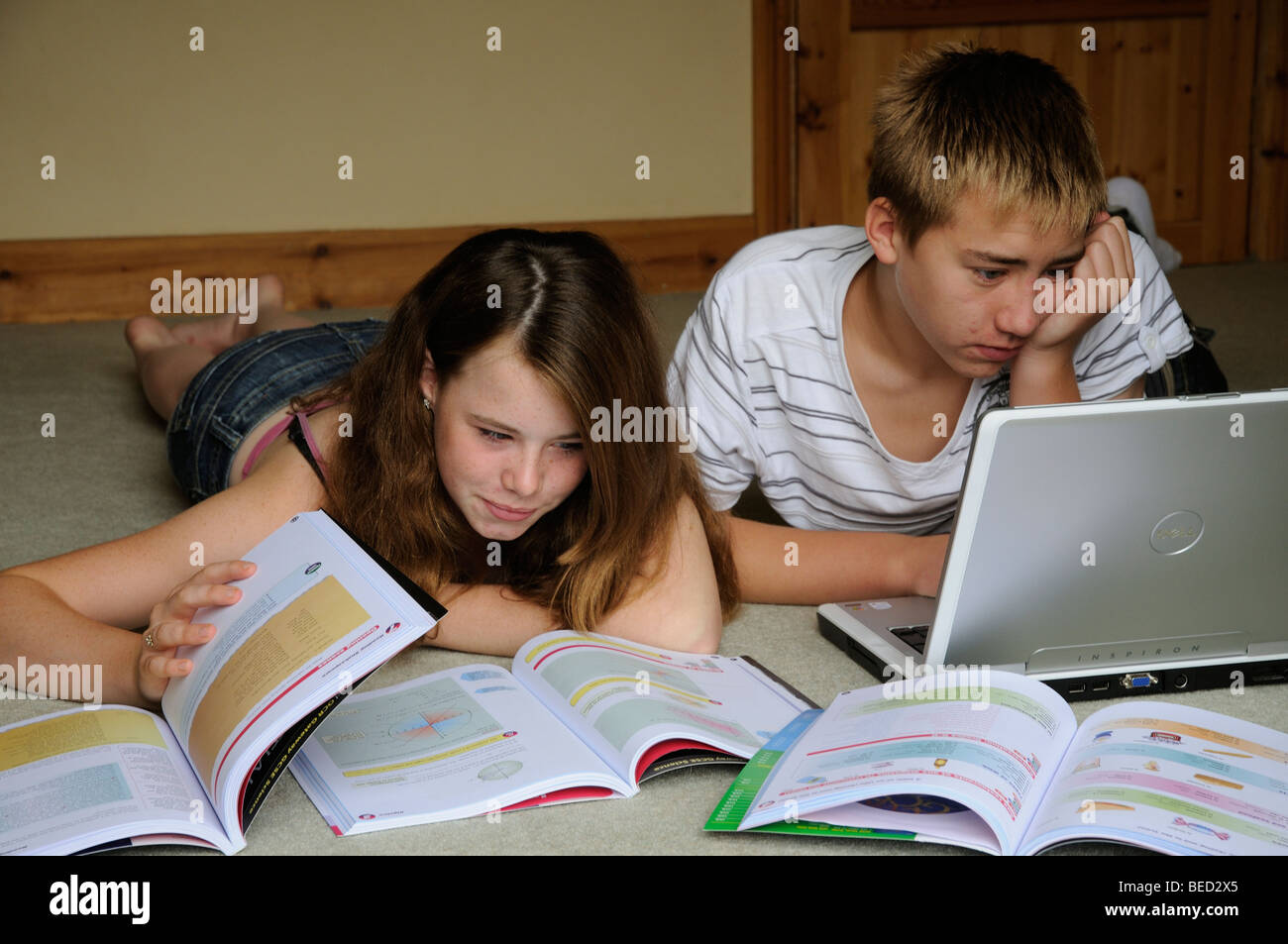 Gli adolescenti rivedere per esami GCSE un ragazzo e una ragazza gli studenti che studiano a casa Foto Stock
