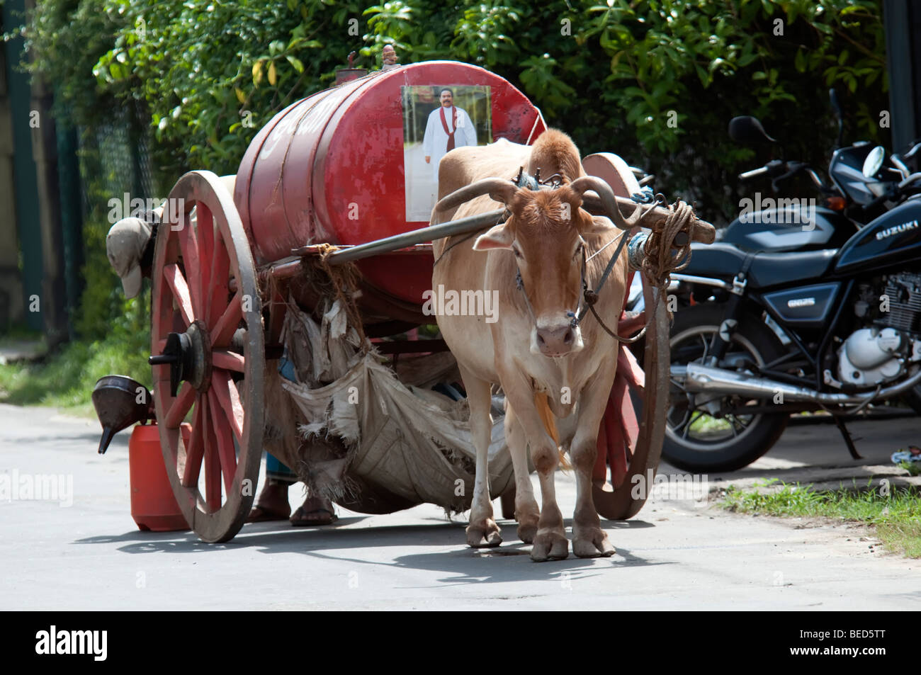 Vecchio stile vintage trasporti ox carri cisterna carburante bowser con Mahinda Rajapaksa Presidente dello Sri Lanka poster Foto Stock