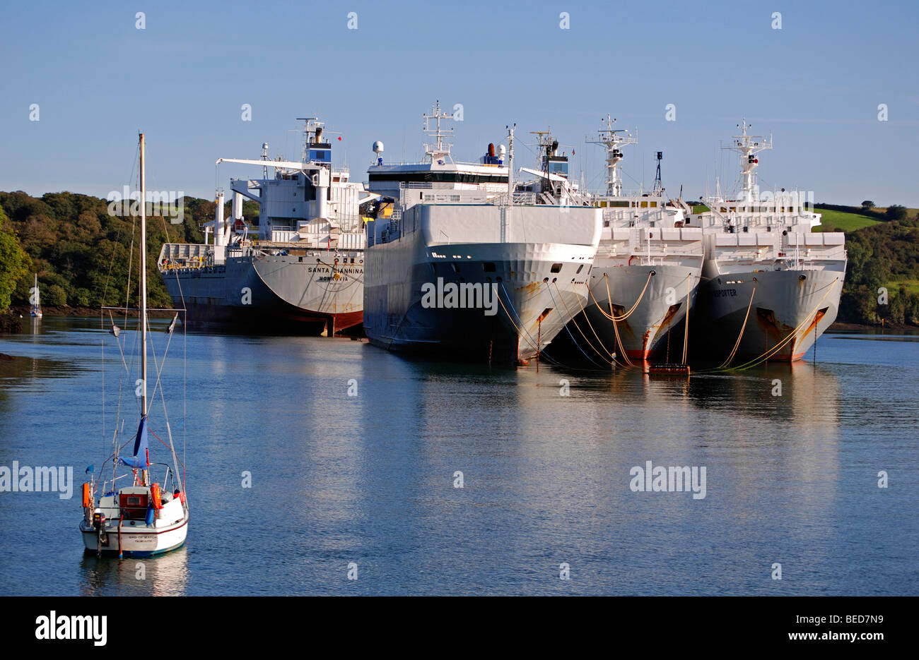 Grandi navi da carico prevista in una profonda insenatura sul fiume fal vicino a Truro in Cornovaglia, Regno Unito Foto Stock