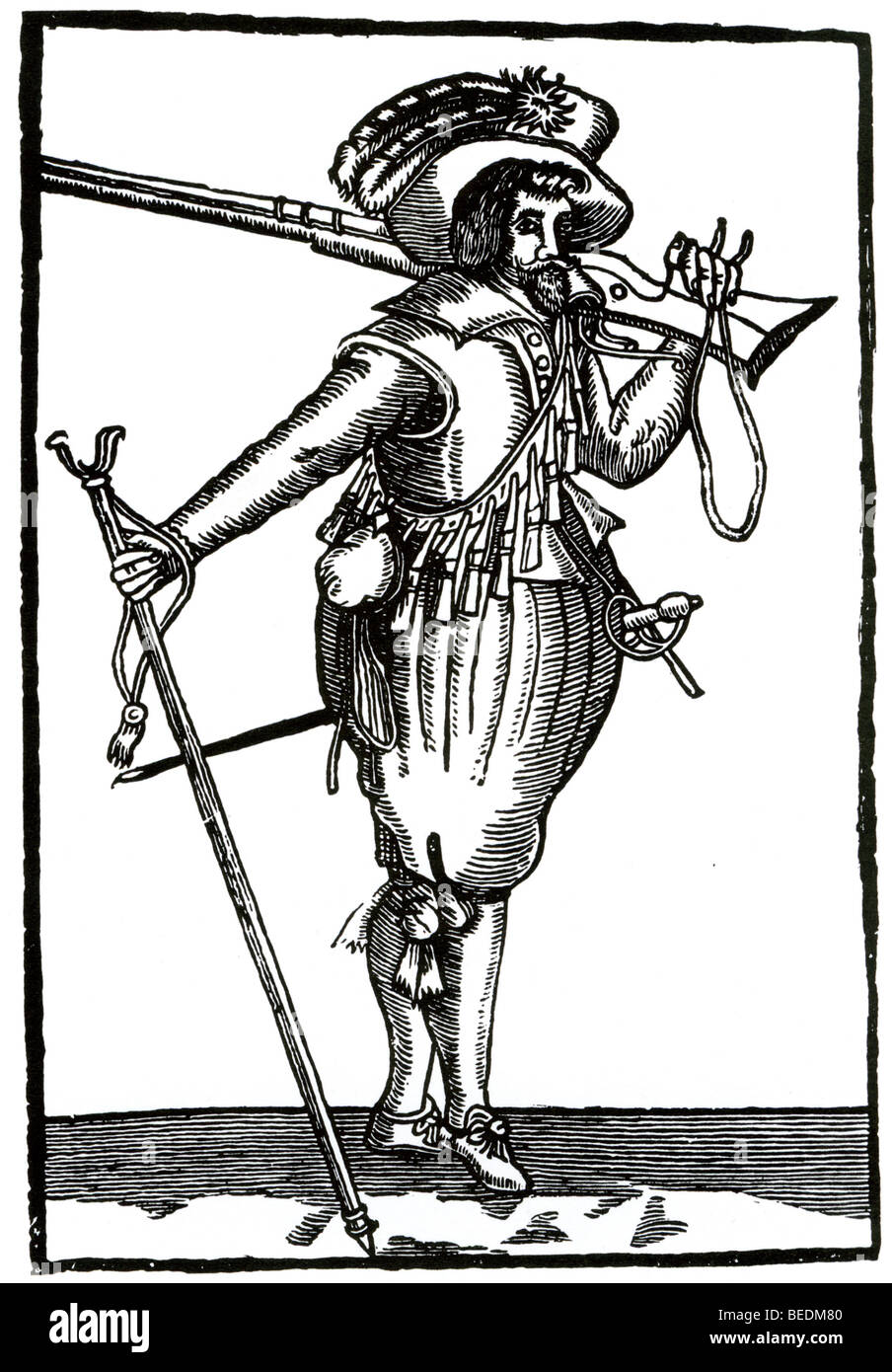 Del XVII secolo MUSKETEER britannica con il treppiede utilizzati per bilanciare la sua arma Foto Stock