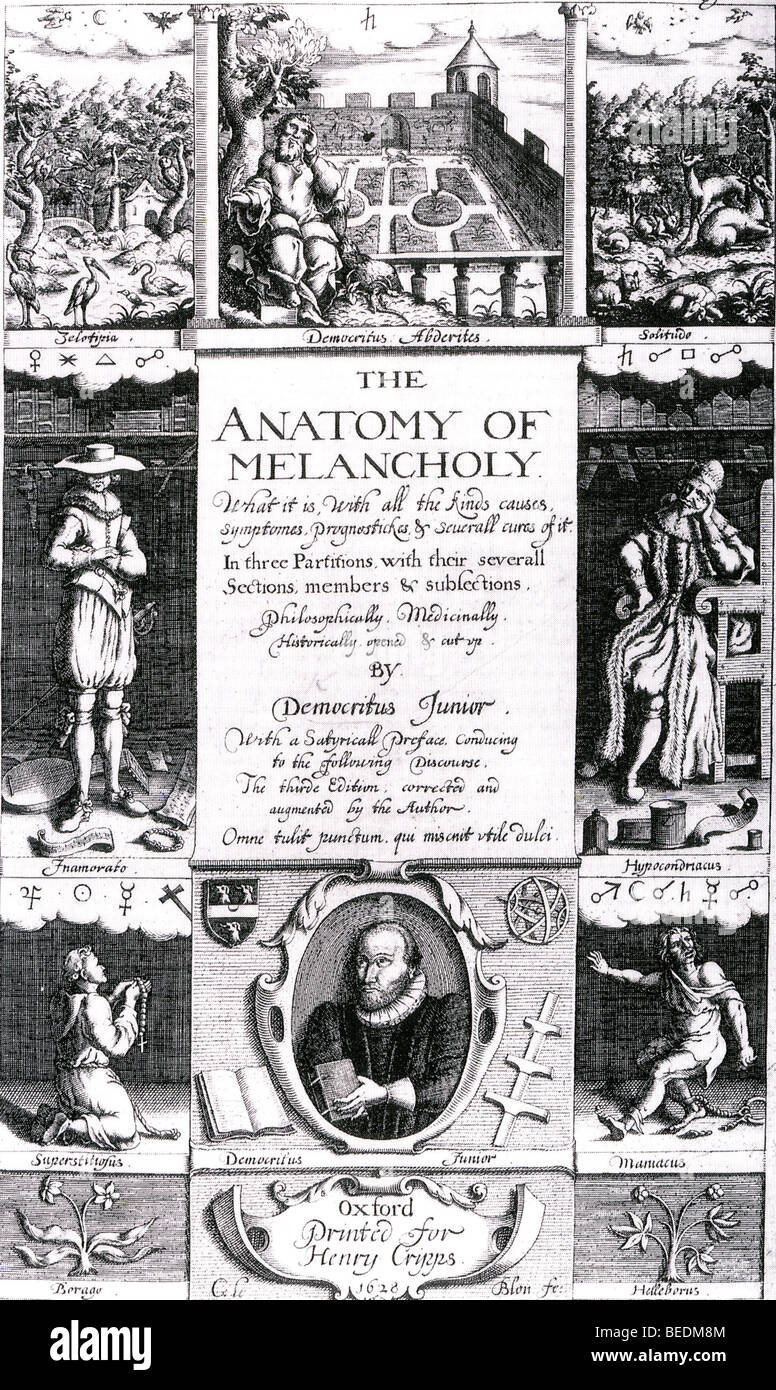 L'anatomia della malinconia - Pagina del titolo del 1628 prenota da Richard Burton il cui ritratto è mostrato nella parte inferiore Foto Stock