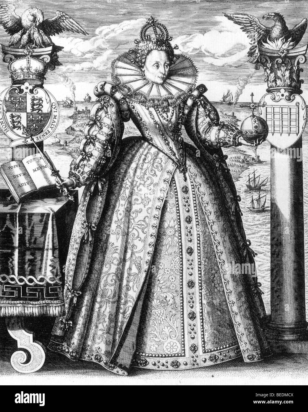La regina Elizabeth I incisione di van de passe circa 1594 con altamente coinvolte simbologia Foto Stock