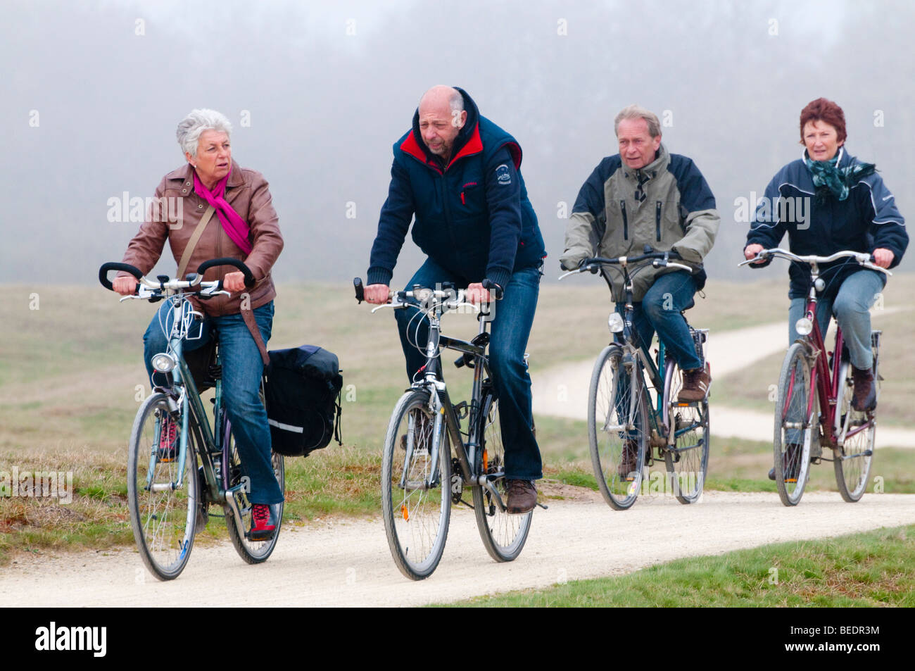 Quattro vacationists ciclo attraverso le dune dell'entroterra olandese di North Sea resort città di Renesse. Foto Stock