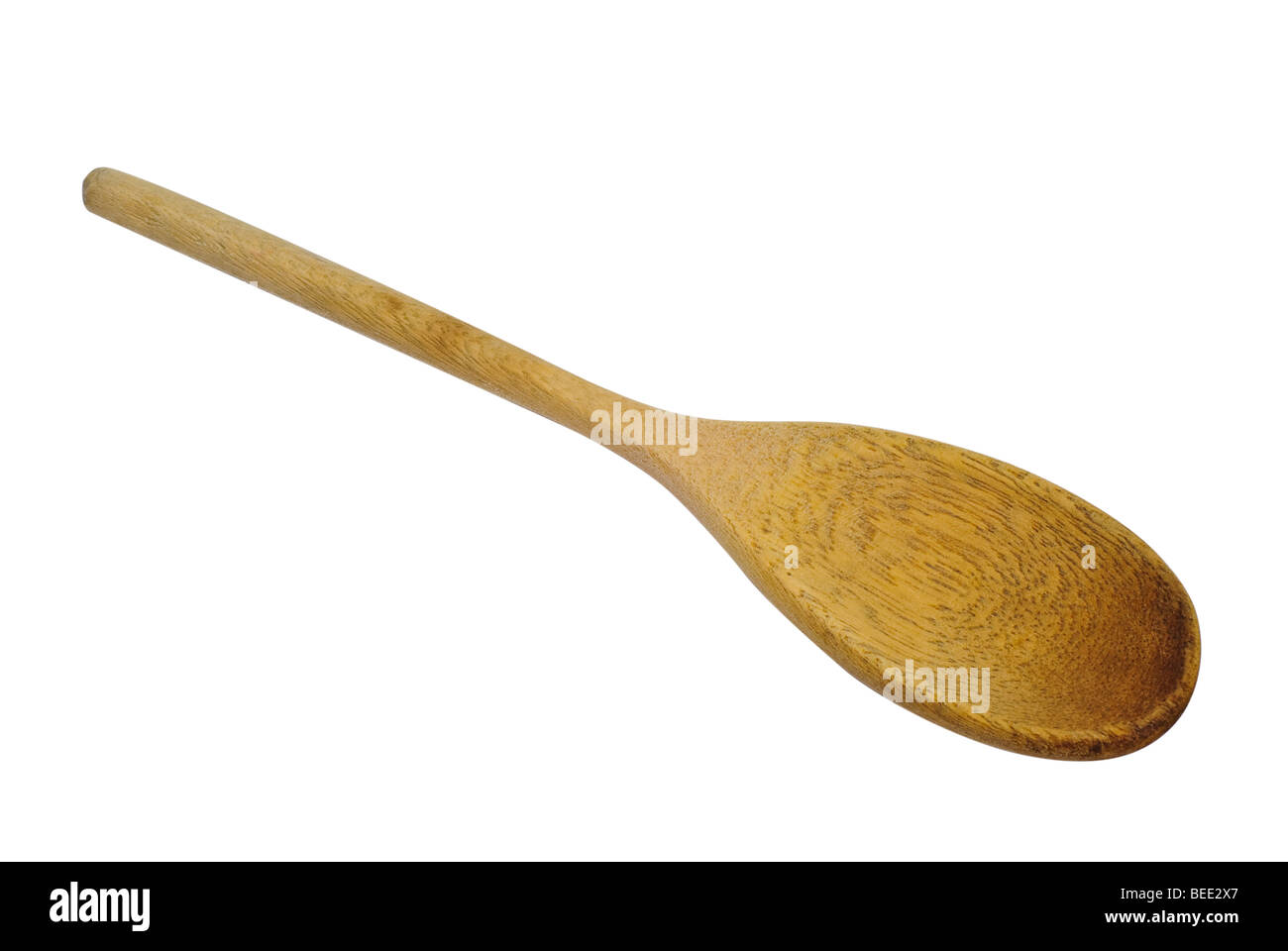 Usato ma pulire il cucchiaio di legno isolato su sfondo bianco, salvato con un tracciato di ritaglio Foto Stock