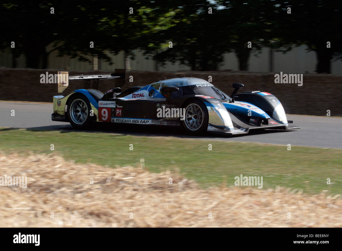 Il 2009 Peugeot 908 HDi FAP Le Mans vettura vincente non fa una prova dimostrativa al Festival di Goodwood velocità. Foto Stock