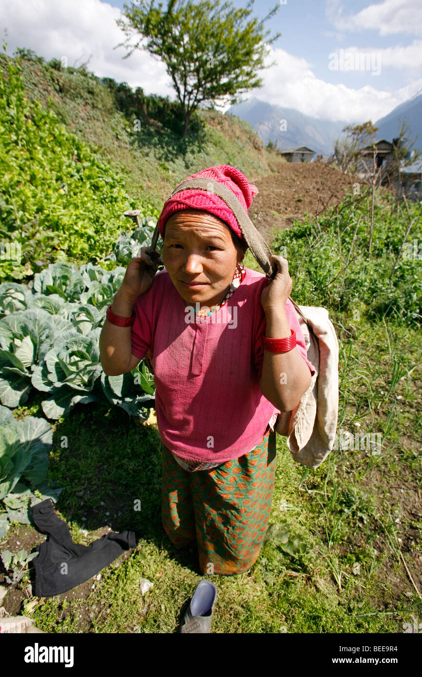 Annapurnas, Nepal - 05 aprile 2008. Donna che lavorano nei suoi campi trasportano produrre torna a casa sua Foto Stock