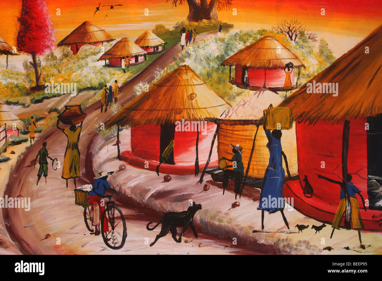 African dipinto in rosso e arancio che mostra tipico villaggio scena Foto Stock