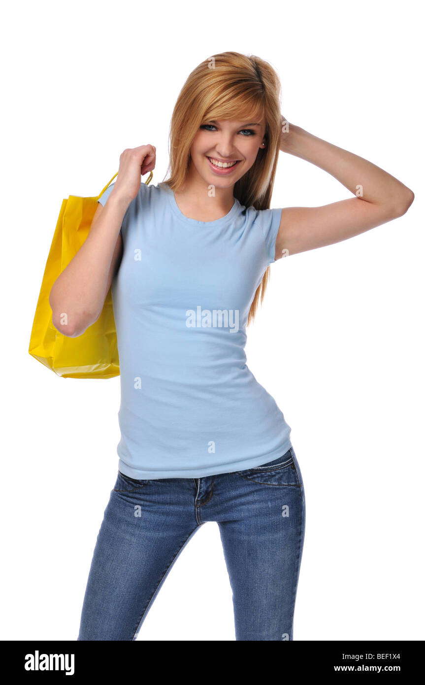 Young Teen con shopping bag isolato su uno sfondo bianco Foto Stock