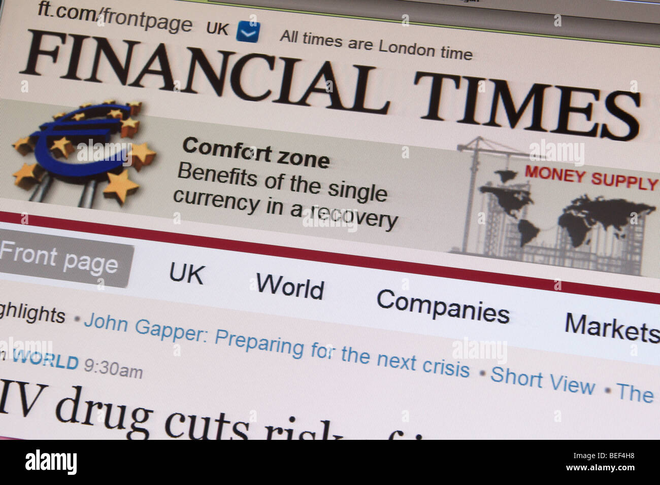 Screen shot del Financial Times online front page pagina web Foto Stock