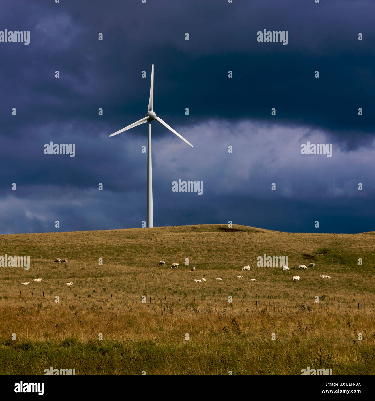 Grandi turbine eoliche su un altopiano in un ambiente rurale con un buio cielo tempestoso Foto Stock